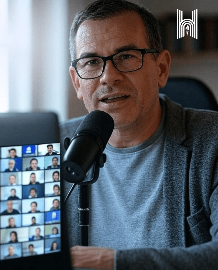 Podcaster addressing academic services at Higher Ed Change Agents with a viruual group